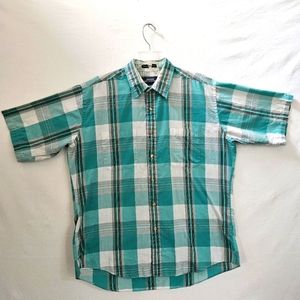 Vintage Mervyn's L Button Up Plaid‎ Shirt Short Sleeve Collared Cotton Casual
